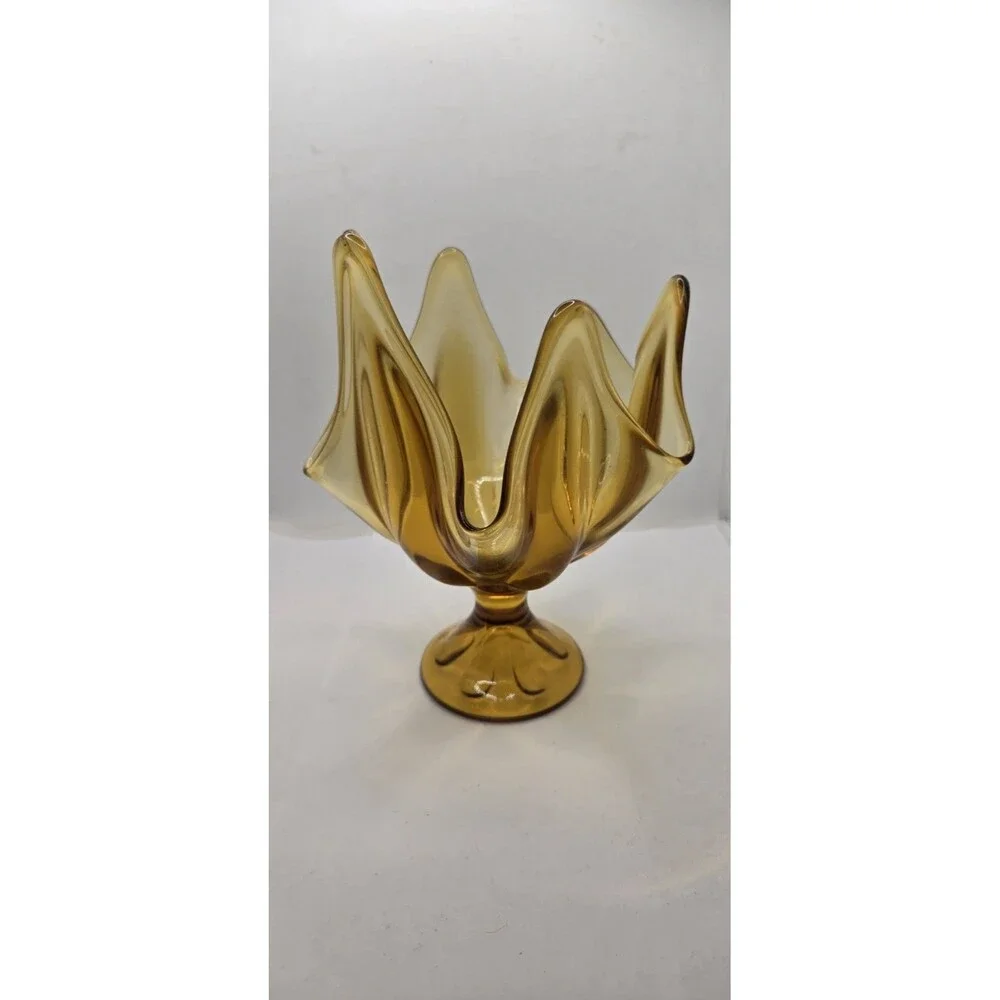 Vintage VIKING Epic Six Petal Amber-Gold Handkerchief Swung Glass Pedestal Vase